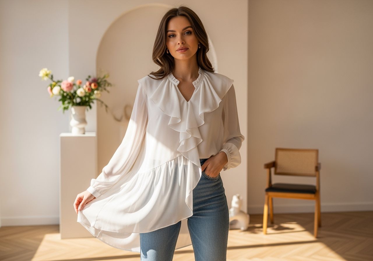 Žena v ľahkej šifónovej blúzke s volánmi v moderne zariadenej miestnosti s jemným svetlom