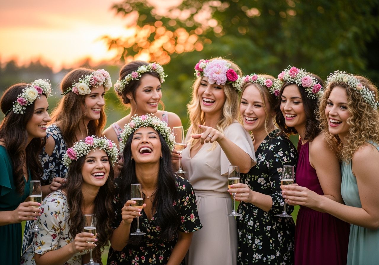 Skupina mladých žien oslavuje rozlúčku so slobodou vonku pri zlatej hodine s pohármi šampanského.