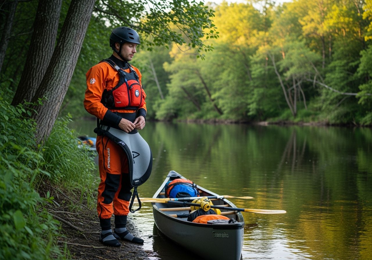 Osoba v plavke a prilbe stojaca pri kajaku na pokoji rieke obklopenej zelenými stromami.