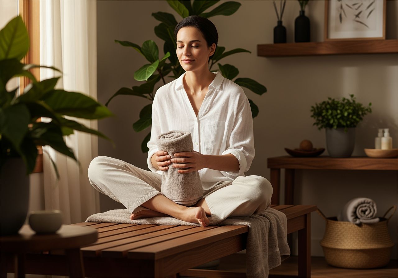 Pokojné kúpeľné prostredie s osobou na drevenej lavičke držiacou uterák.