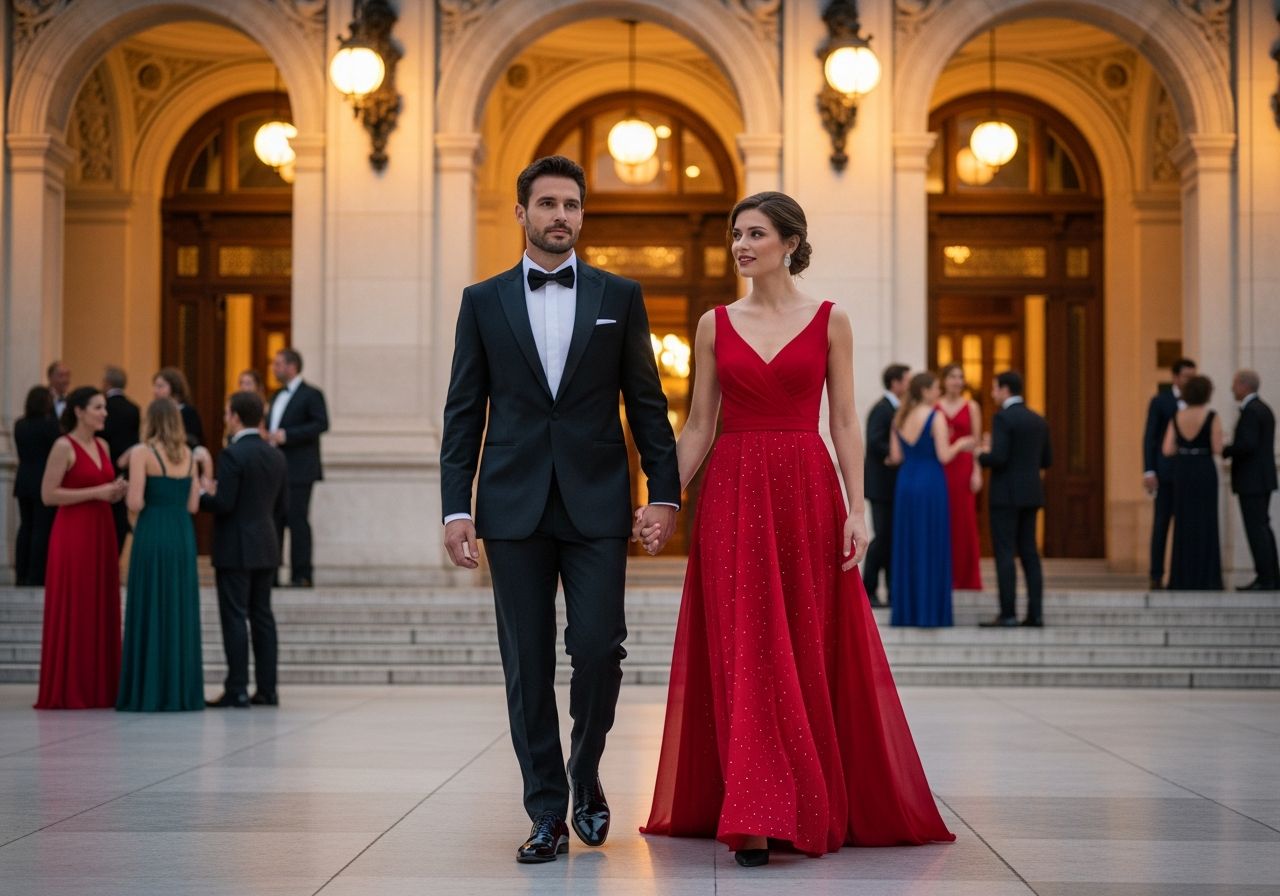 Elegantný pár kráčajúci k vchodu do opery za súmraku, muž v smokingu, žena v červenom šate