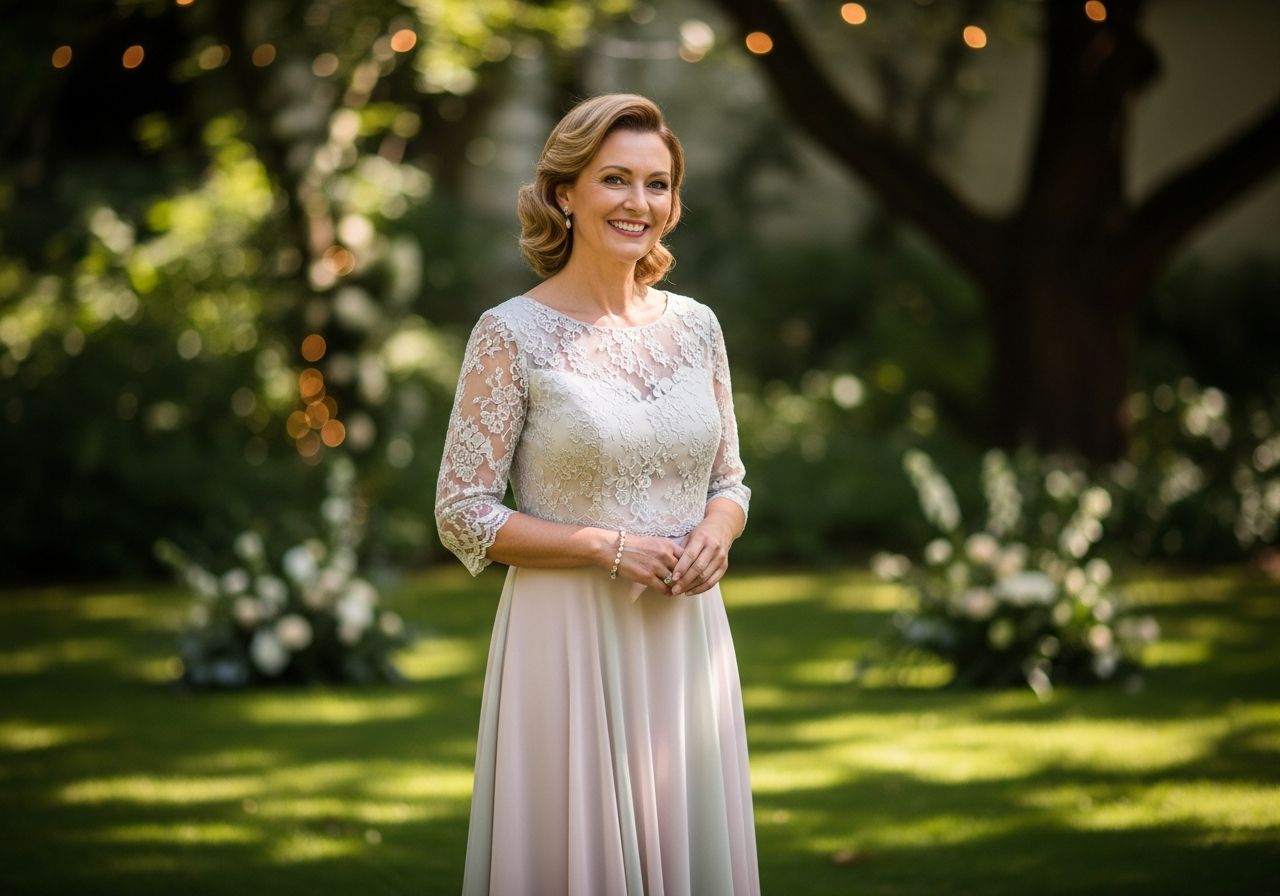 Elegantná matka v záhrade na svadbe v tradičnom a pohodlnom šate, usmieva sa v jemnom svetle.