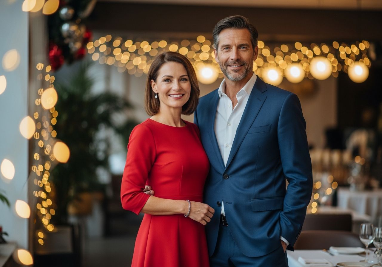 Štýlový pár vo veku štyridsiatych rokov oslavuje narodeniny v moderne reštaurácii.