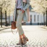 žena v jarnom kabáte a členkových topánkach na slnečnej dláždenej ulici s rozkvitnutými stromami