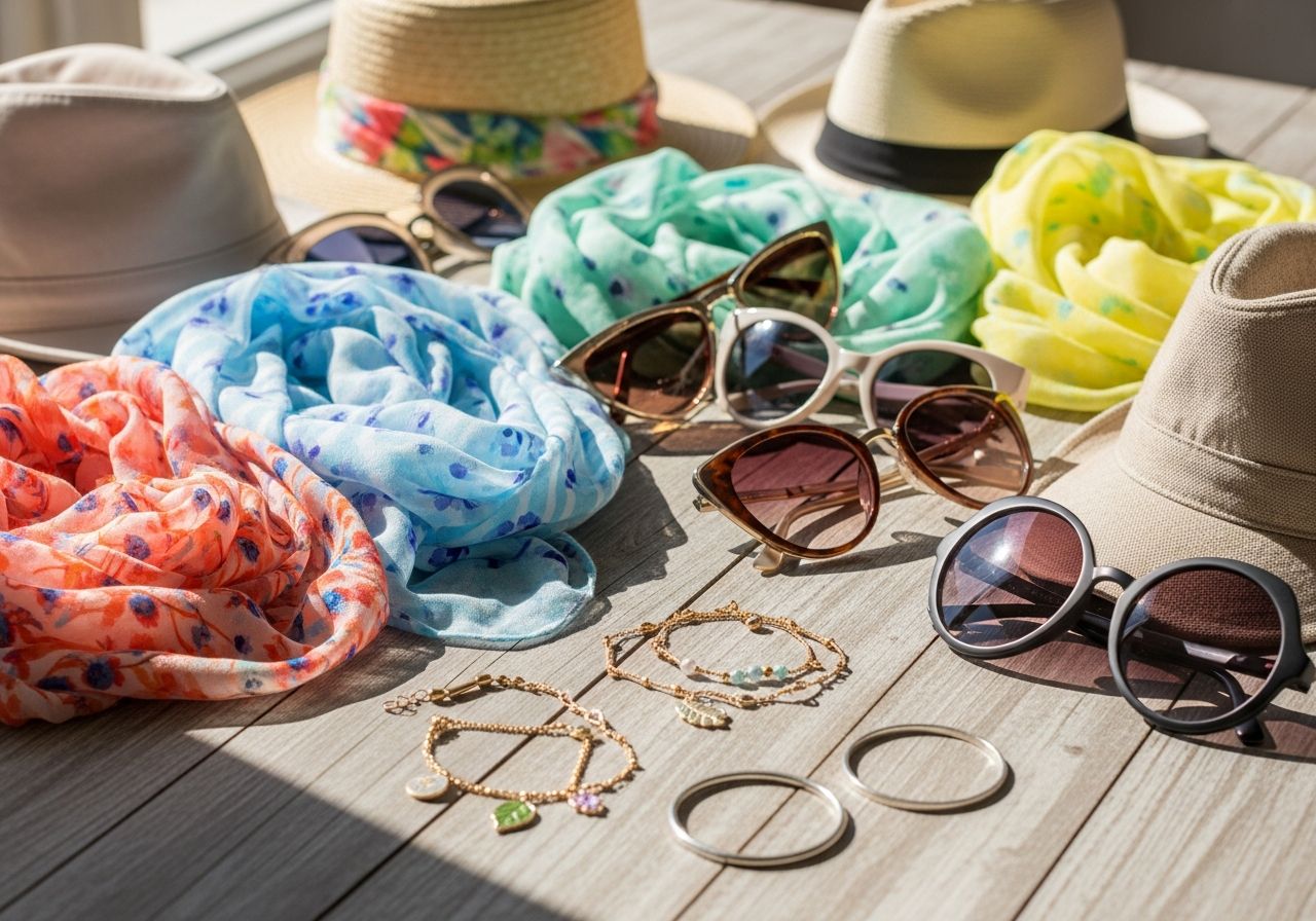 jarnej módy doplnky šatky klobúky slnečné okuliare jemné náramky na drevenom stole