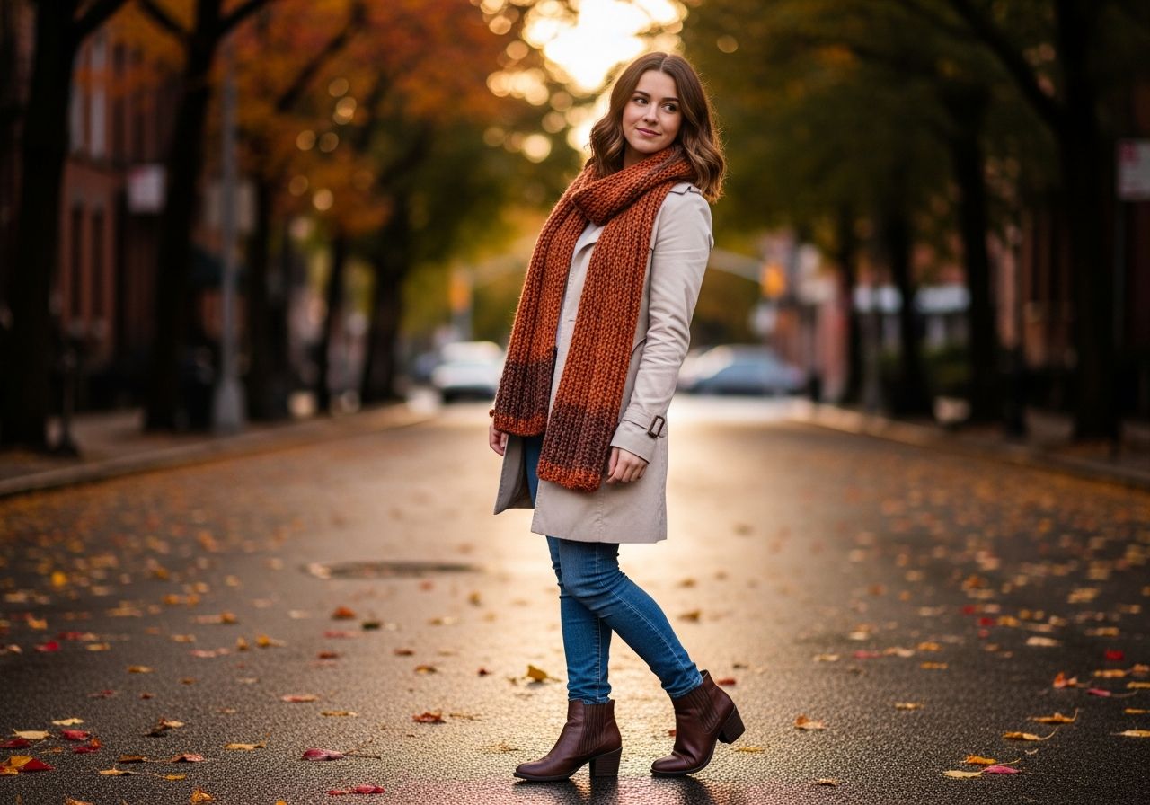 mladá žena na jesennej ulici v svetlom trenčkot ešarpe, džínsach a členkových čižmách