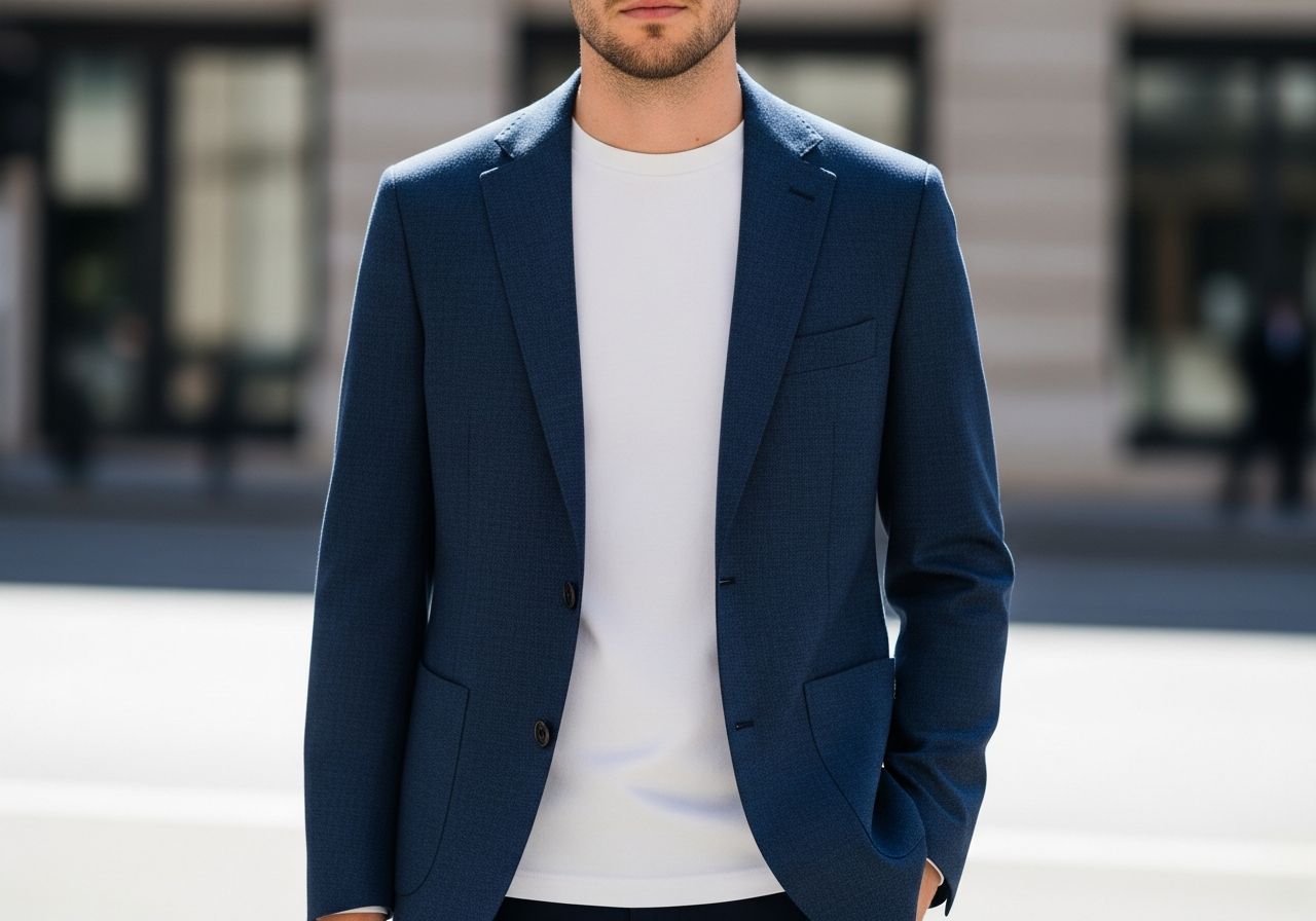 Muž v modrom saku a bielom tričku stojí na rozmazanom mestskom pozadí za denného svetla