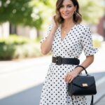 žena v bielych šatách s čiernymi bodkami stojí vonku s čiernym opaskom a kabelkou, usmieva sa
