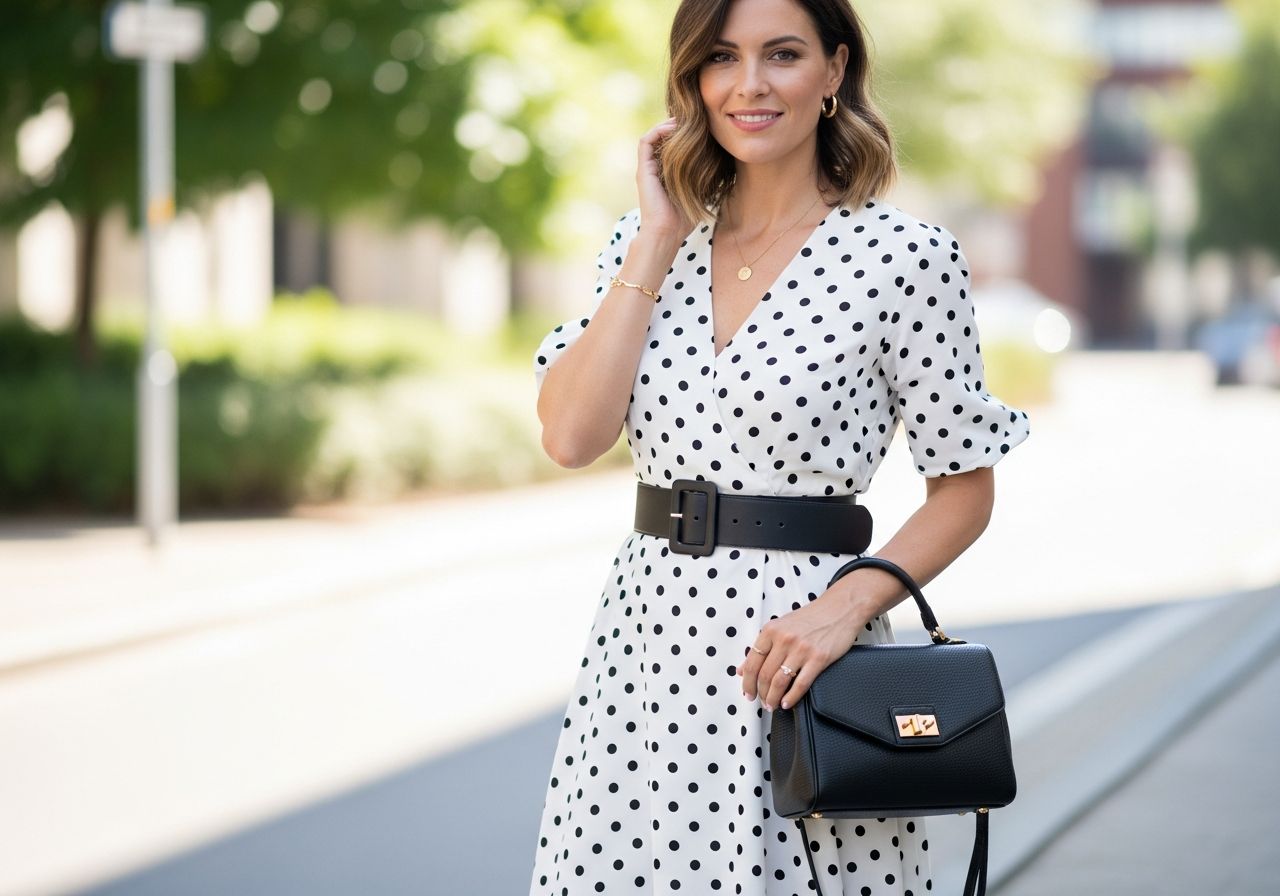žena v bielych šatách s čiernymi bodkami stojí vonku s čiernym opaskom a kabelkou, usmieva sa