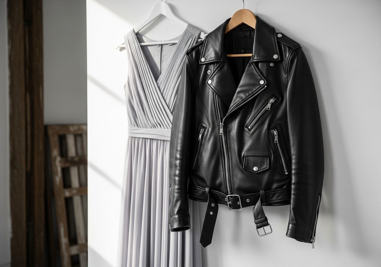 Čierna kožená ramoneska na drevenom vešiaku vedľa pastelovej šaty na bielom pozadí