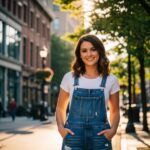 Mladá žena v rifľovom overale na slnečnej mestskej ulici, usmievavá a sebavedomá.