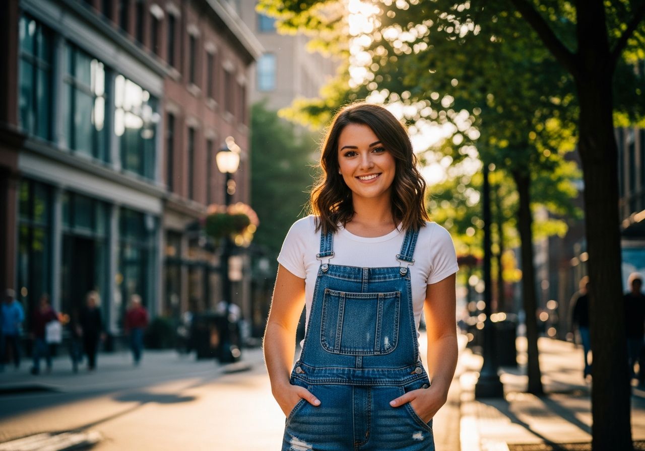 Mladá žena v rifľovom overale na slnečnej mestskej ulici, usmievavá a sebavedomá.