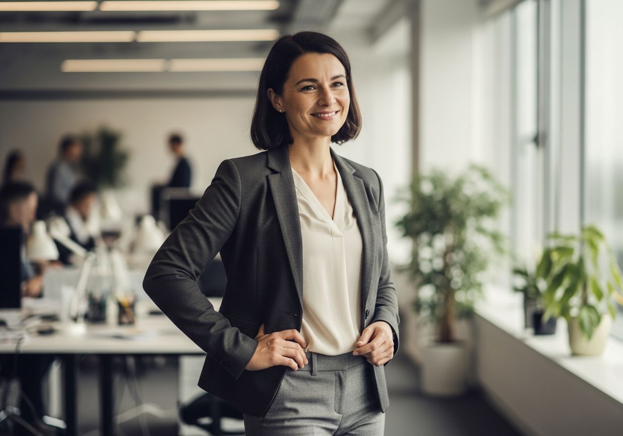 Profesionálna podnikateľka v kancelárii stojaca sebavedome v smart casual oblečení.