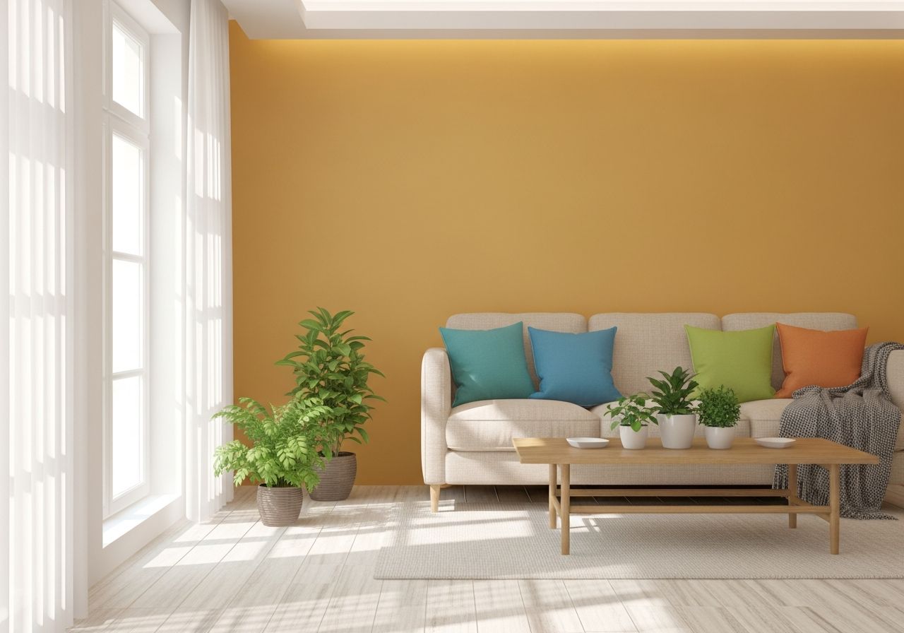 Moderný obývací pokoj so žltými stenami, béžovou pohovkou a dreveným stolíkom v severskom štýle.