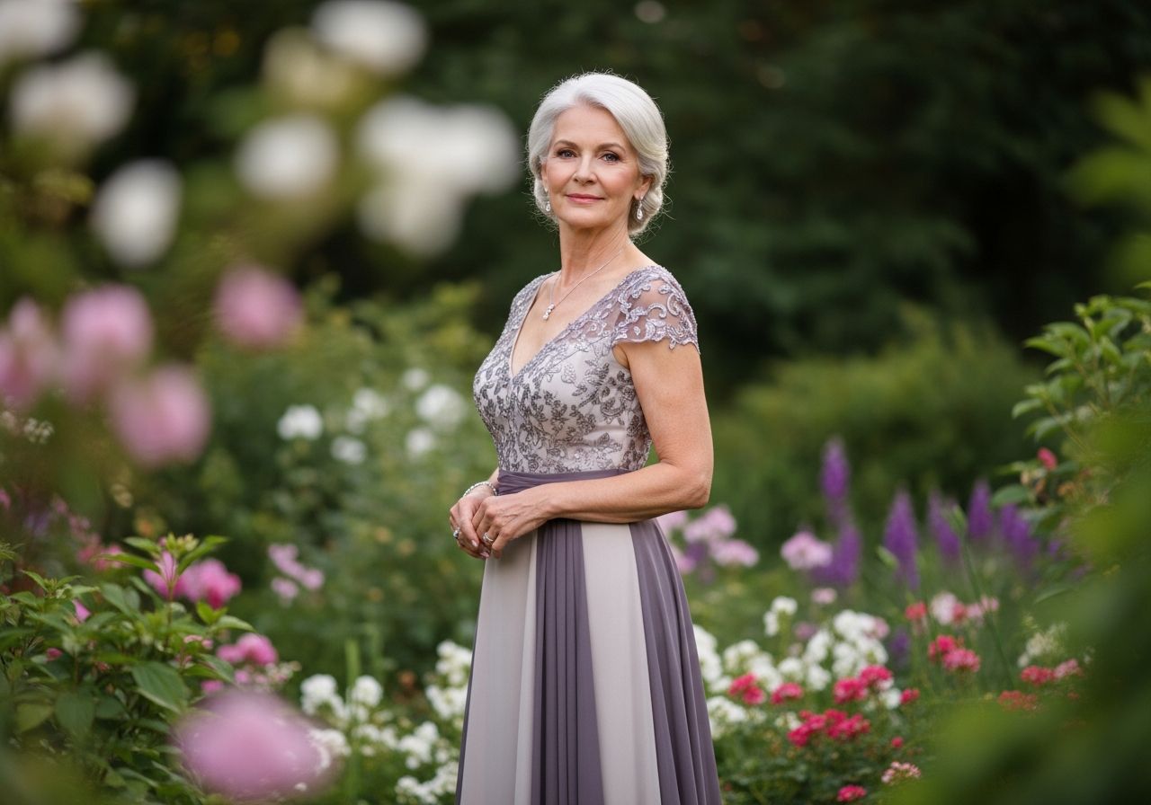 Elegantná zrelá žena v šate stojaca v záhrade s kvitnúcimi kvetmi, natuurlijké svetlo, jemný make-up