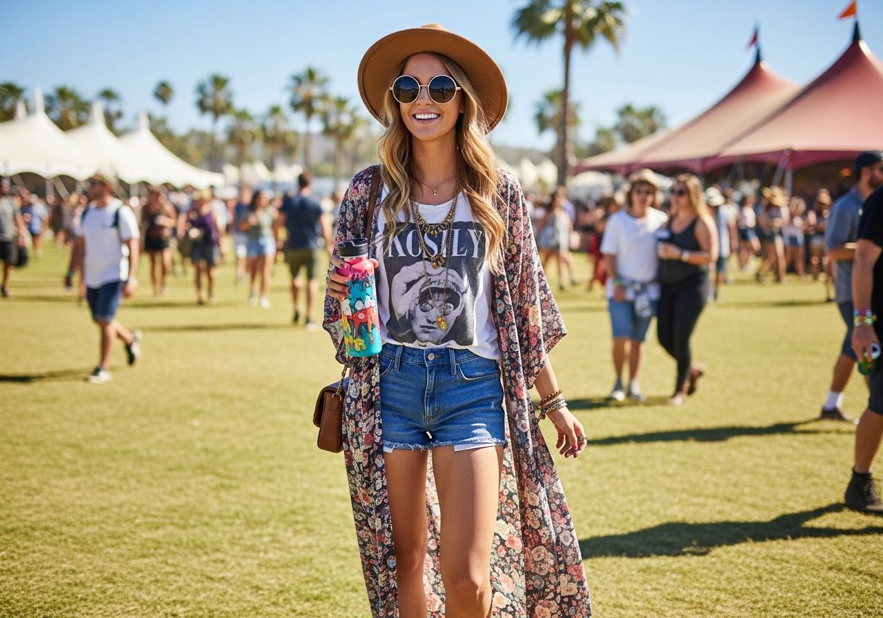 Mladá žena na hudobnom festivale v bohémovom outfite drží farebnú opakovane použiteľnú fľašu vody