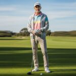 Muž v golfovom oblečení stojí na zelenej golfovej trávniku s golfovou palicou pod modrou oblohou