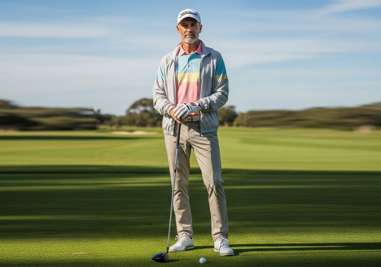 Muž v golfovom oblečení stojí na zelenej golfovej trávniku s golfovou palicou pod modrou oblohou