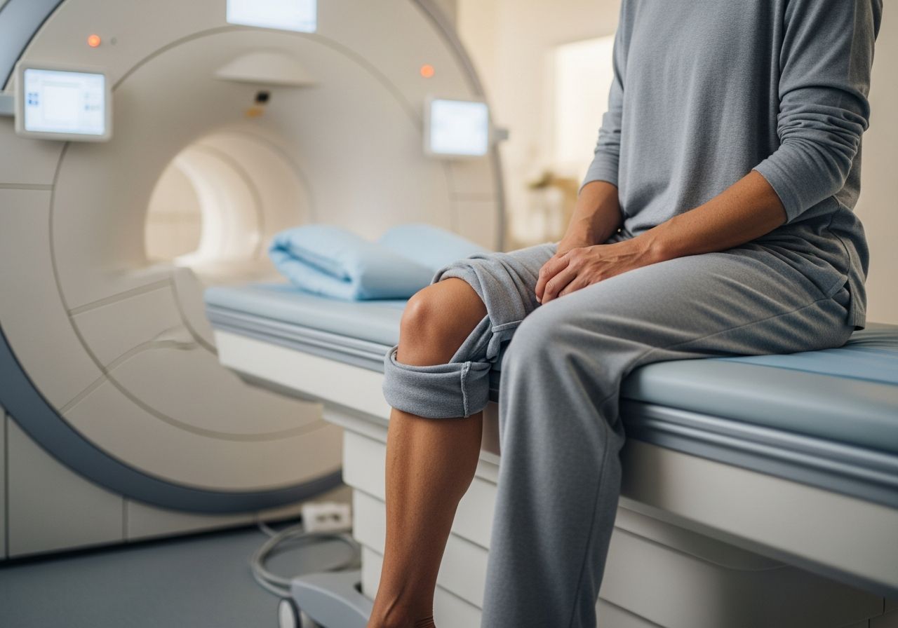 Pacient sedí na vyšetrovacom stole pripravený na MRI kolena v modernej nemocnici.