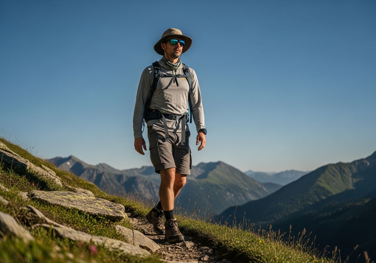 Turista na horskej ceste v letnom oblečení so zatienenými okuliarmi a batohom pod modrou oblohou